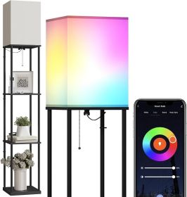 Floor Lamp with Shelves, Modern Square Standing Lamp with 3 Color Temperature Bulb, Corner Display Bookshelf Lamp (Lampshade Color: Black APP)